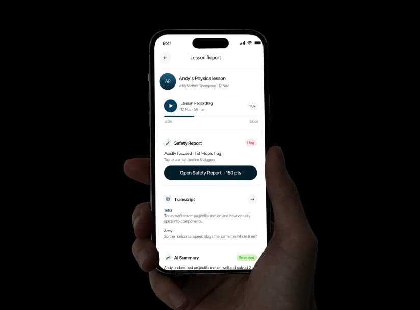 The Mualimi lesson report on a phone: recording, safety report, transcript, and AI summary